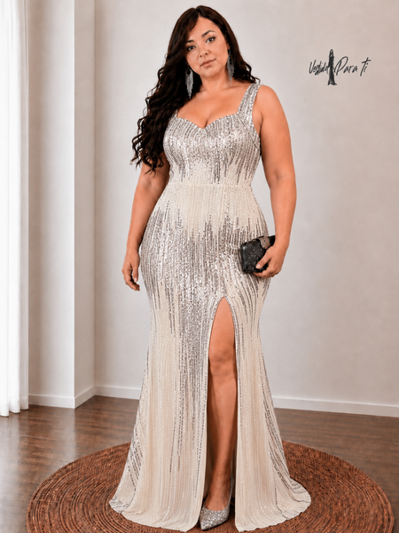 Vestido de Fiesta Talla XL — Beige Plateado —  Entrega Inmediata