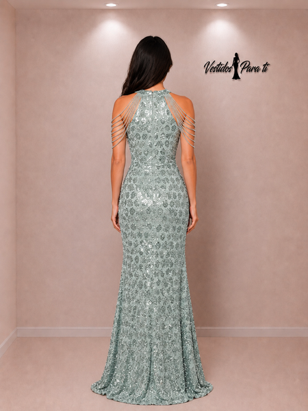 Vestido Largo de Fiesta Talla XS — Verde Lentejuelas  — Entrega Inmediata