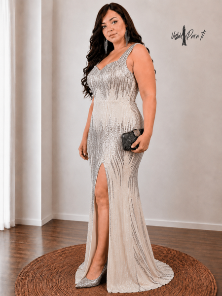Vestido de Fiesta Talla XL — Beige Plateado —  Entrega Inmediata