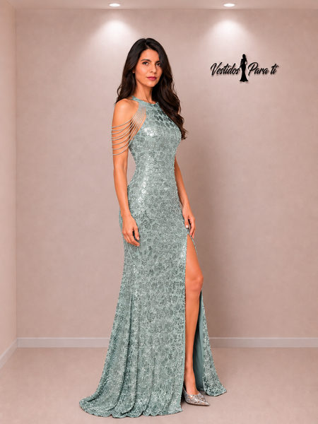 Vestido Largo de Fiesta Talla XS — Verde Lentejuelas  — Entrega Inmediata