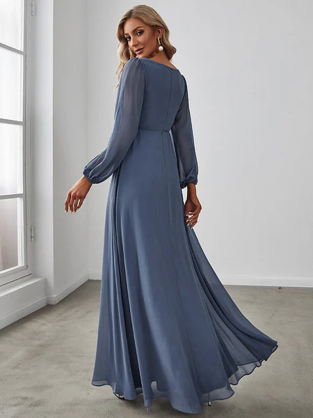 Vestido Largo de Fiesta Talla L  — Azul Polvoriento — Entrega Inmediata