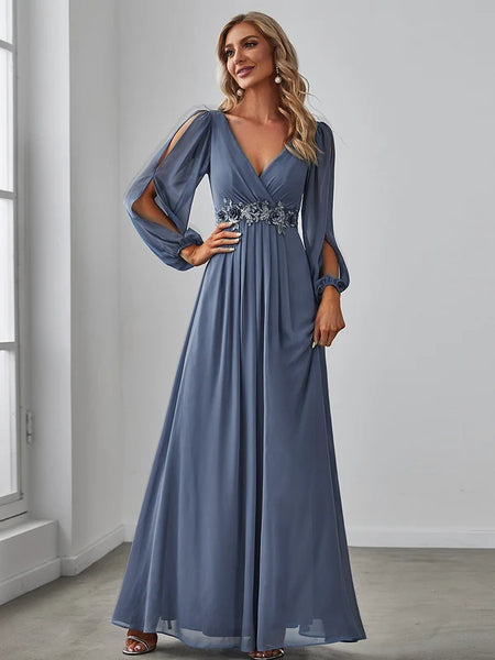 Vestido Largo de Fiesta Talla L  — Azul Polvoriento — Entrega Inmediata