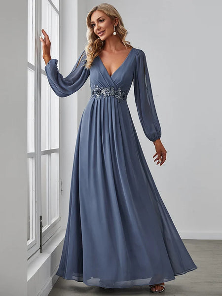 Vestido Largo de Fiesta Talla L  — Azul Polvoriento — Entrega Inmediata