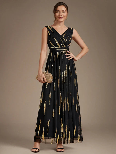 Vestido Largo de Fiesta  Talla S-M — Negro con detalles Dorados — Entrega Inmediata