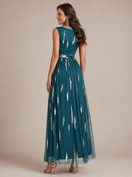 Vestido Largo de Fiesta  Talla XXXL 20 — Azul Verdoso con Detalles Plateados — Entrega Inmediata