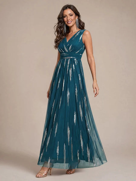 Vestido Largo de Fiesta  Talla XXXL 20 — Azul Verdoso con Detalles Plateados — Entrega Inmediata