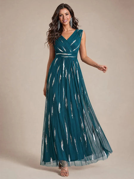 Vestido Largo de Fiesta  Talla XXXL 20 — Azul Verdoso con Detalles Plateados — Entrega Inmediata