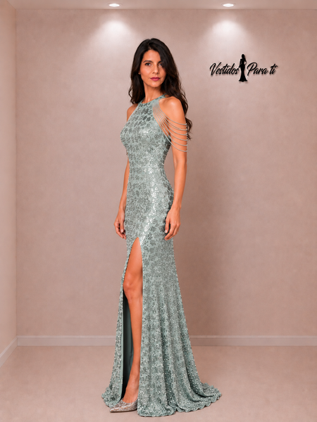 Vestido Largo de Fiesta Talla XS — Verde Lentejuelas  — Entrega Inmediata