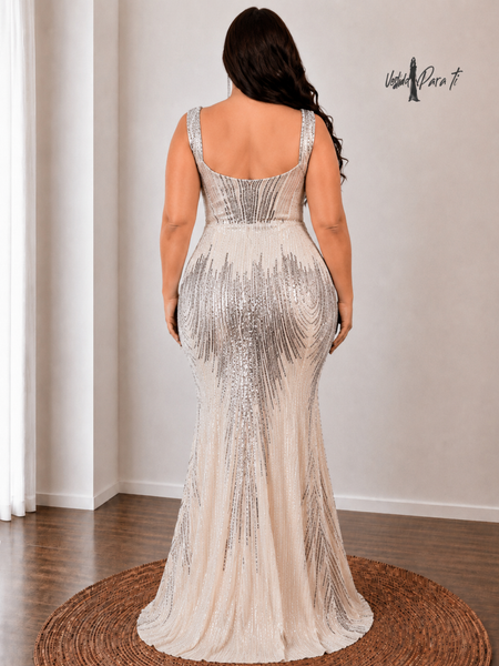 Vestido de Fiesta Talla XL — Beige Plateado —  Entrega Inmediata