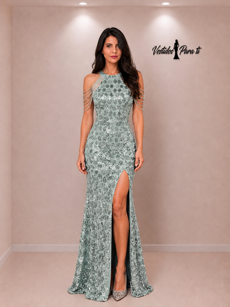 Vestido Largo de Fiesta Talla XS — Verde Lentejuelas  — Entrega Inmediata