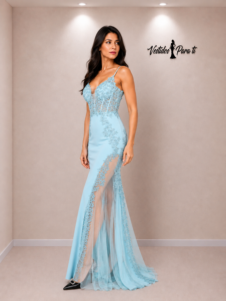 Vestido Largo de Fiesta Talla S — Celeste— Entrega Inmediata