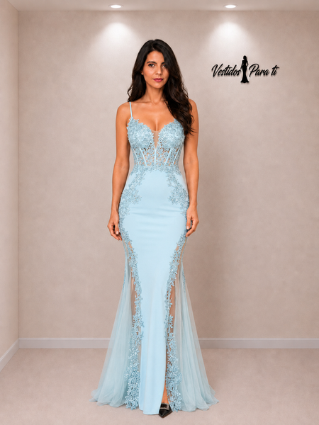 Vestido Largo de Fiesta Talla S — Celeste— Entrega Inmediata