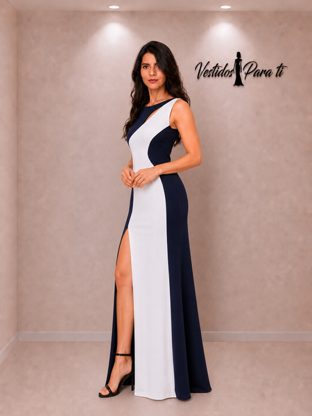 Vestido de Fiesta Talla S - Blanco y Azul Marino — Entrega Inmediata