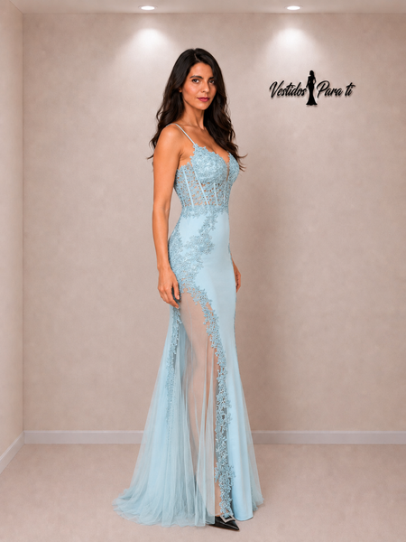 Vestido Largo de Fiesta Talla S — Celeste— Entrega Inmediata