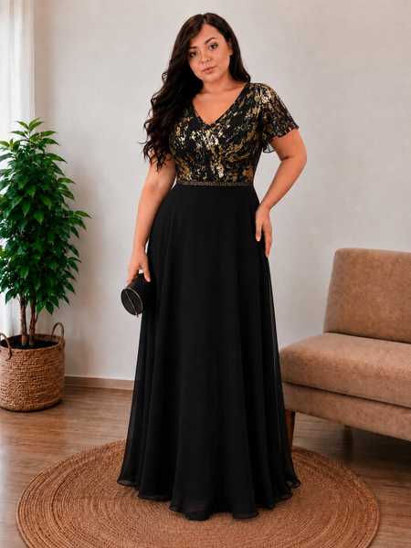 Vestido Largo de Fiesta  Talla XL — Negro con detalles Dorados — Entrega Inmediata