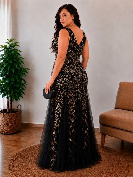 Vestido Largo de Fiesta Talla M — Negro y Dorado — Entrega Inmediata