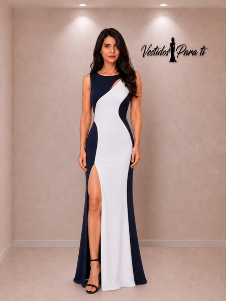 Vestido de Fiesta Talla S - Blanco y Azul Marino — Entrega Inmediata